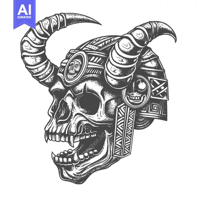 Skull with Horns and Tribal Patterned Helmet
