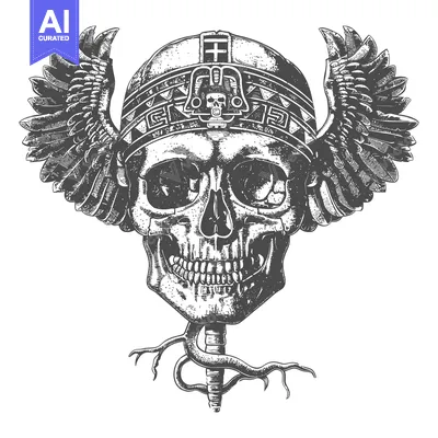 Aset desain premium: Skull with Wings, an Aztec Headdress and a Root