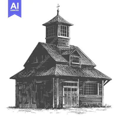 Aset desain premium: An illustration depicting a wooden building with a distinctive cupola
