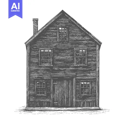 A grayscale rendering of a wooden building with a chimney