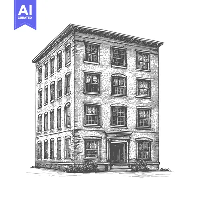 A detailed artistic rendering of a tall brick building in the drawing