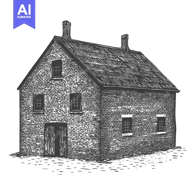 Aset desain premium: A detailed illustration depicting a historic brick building with a gab