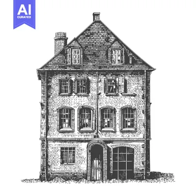 Aset desain premium: Detailed illustration depicting a vintage brick building with many win