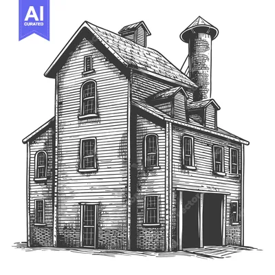 Detailed illustration of a large building with a silo attached