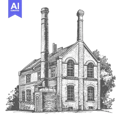 A detailed black and white illustration of an industrial brick buildin