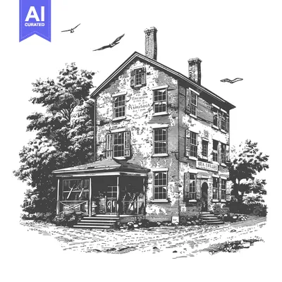 Aset desain premium: A detailed pen and ink illustration of a historic building