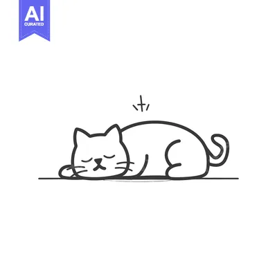 Sleeping Cat Cartoon Illustration in Simple Line Art Style