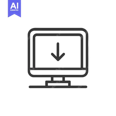 Minimalist Computer Icon with Download Arrow, Clean Line Art Style