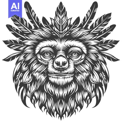Aset premium populer: Sloth Head with Feathers and Tribal Design