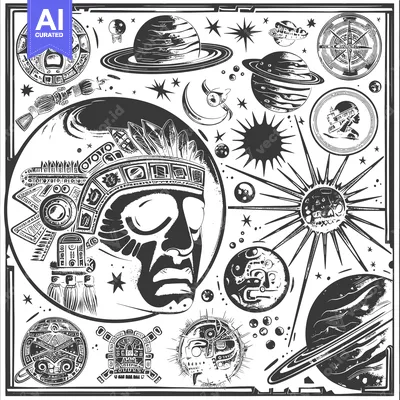 A Black and White Illustration of Space with Mayan-Inspired Motifs