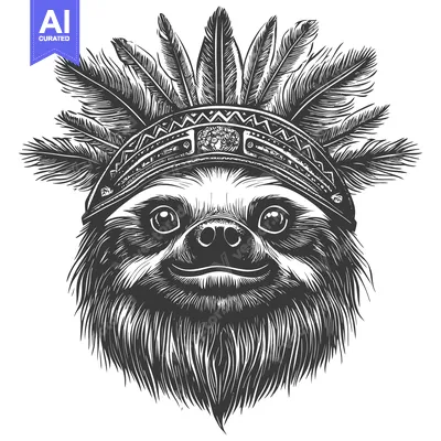 Aset desain premium: Sloth Wearing a Native American Headdress