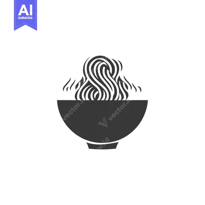 A black and white illustration of steaming noodles in a bowl