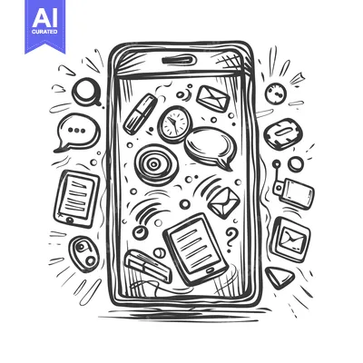 Aset premium populer: Smartphone Overloaded with Hand-Drawn Digital Communication Icons