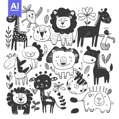 A Black and White Illustration of Various Animals and Plants