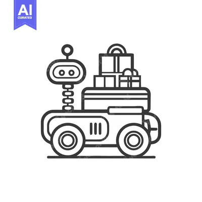 Minimalist Robot Delivery Vehicle with Stacked Gifts, Line Art Illustr