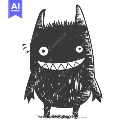Smiling, Black, Furry, Cartoon Monster with Sharp Teeth and Big Eyes