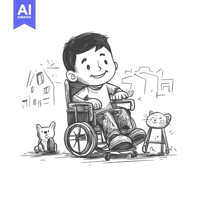 Aset desain premium: Smiling Boy in Wheelchair with Toy Cats