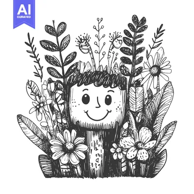 Smiling Boy's Face Surrounded by Black and White Flowers and Leaves