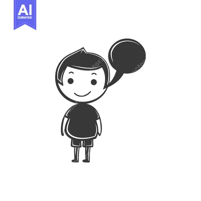 Aset desain premium: Smiling Cartoon Boy Holding a Speech Bubble