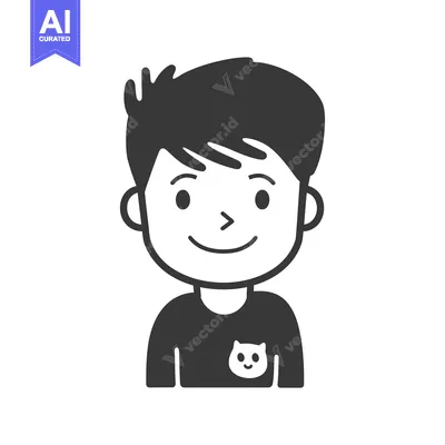 Aset desain premium: Smiling cartoon boy wearing a black t-shirt with a cat icon