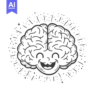 Smiling Cartoon Brain with Surrounding Stars and Sparkles