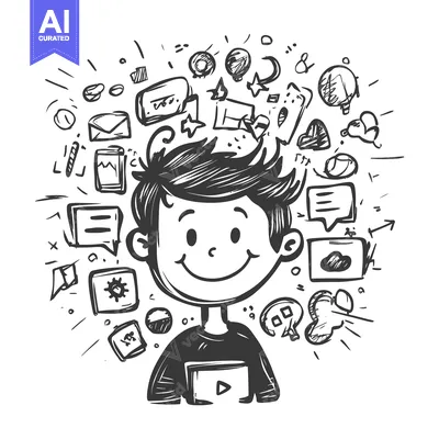 Smiling Cartoon Character Surrounded by Doodle Symbols Representing Id