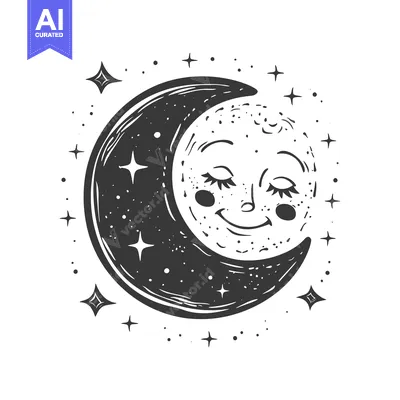Smiling crescent moon with closed eyes surrounded by stars