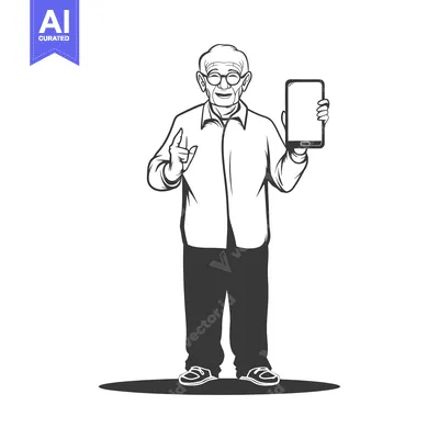 Smiling Elderly Man Holding Smartphone and Pointing Upward