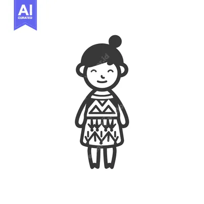 Aset desain premium: Smiling Girl with Geometric Pattern Dress and Updo