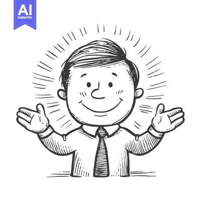 Aset desain premium: Smiling Man with Open Arms in a White Shirt and Tie with a Sunburst Be