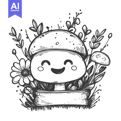 Aset desain premium: Smiling Mushroom with Blank Banner Surrounded by Flowers and Grass