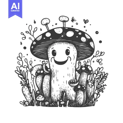 Aset premium populer: Smiling Mushroom with Spotted Cap in a Forest of Mushrooms and Foliage