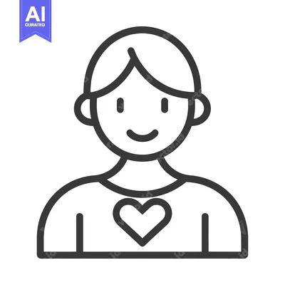Smiling person with a heart on their chest, line art illustration