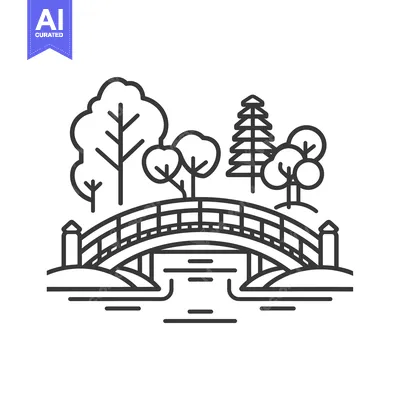 A Black and White Line Art Illustration of a Bridge in a Park