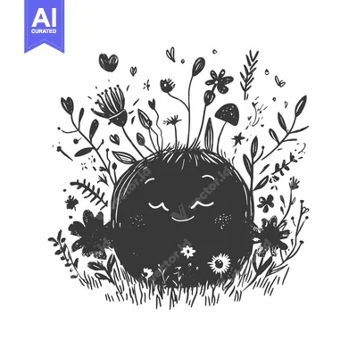 Aset premium populer: Smiling Round Character Surrounded by Black and White Flowers and Leav