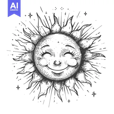 Smiling Sun with Closed Eyes and Rays Surrounded by Stars