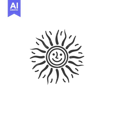 Smiling Sun with Detailed Rays in Black and White