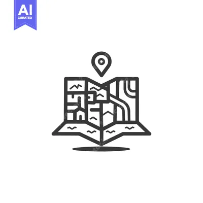 A black and white line art illustration of a map with a pin on top