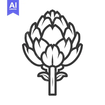 A black and white line art illustration of an artichoke