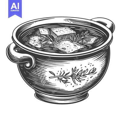 A Detailed Engraved Illustration of a Bowl Containing Food and Herbs