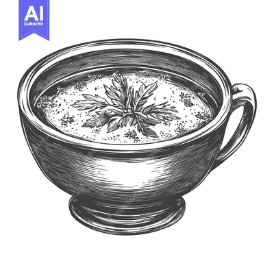 Detailed illustration showcasing soup with garnish inside a teacup