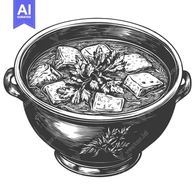 A Bowl Filled With Soup Containing Meat And Herbs