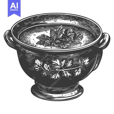 A vintage illustration depicts soup served in a decorative bowl