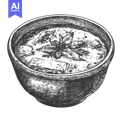 A vintage detailed illustration of a bowl of soup with garnish