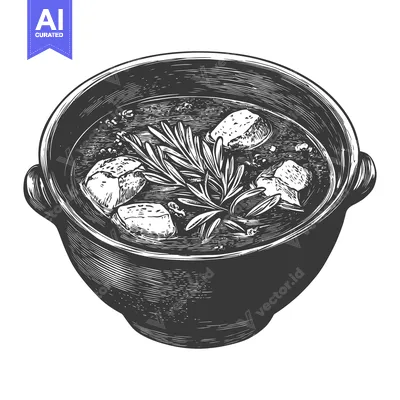 A bowl of stew garnished with rosemary in an etching style
