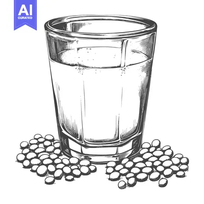 A glass filled with liquid and some accompanying spherical seeds