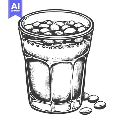 A black and white line drawing of a drink in a glass