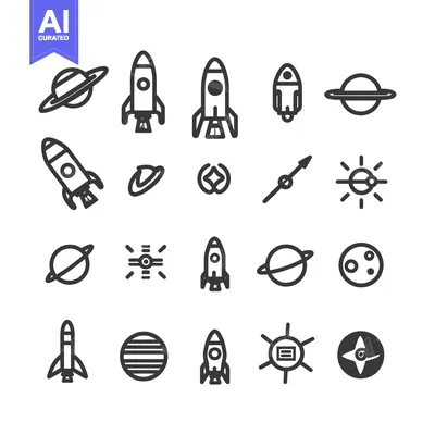 Space Exploration Icon Set with Rockets, Planets, and Stars