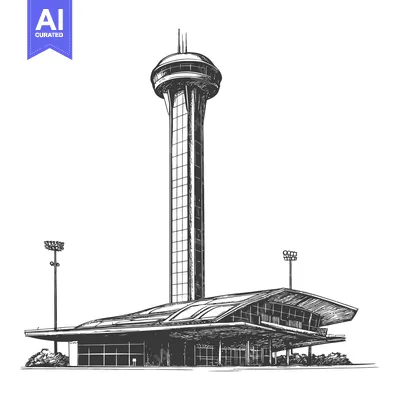 Architectural drawing of a tall tower and accompanying building comple