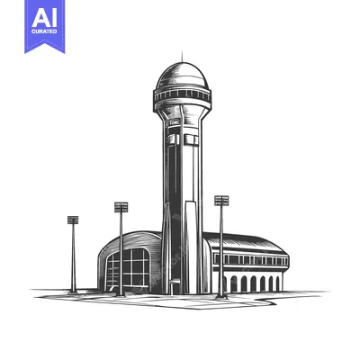 Aset desain premium: Detailed illustration of an airport control tower and associated build